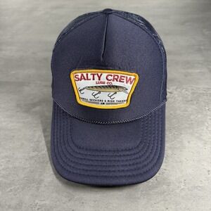 Salty Crew Navy Trucker Hat with Yellow and Red Patch